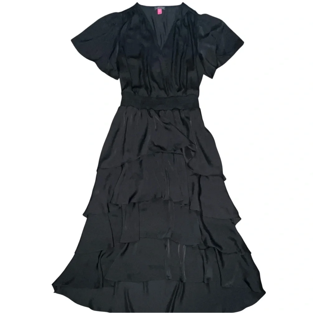 Vince Camuto Black Tiered Ruffle High-Low Dress, V Neck and flutter sleeves sz M - Picture 2 of 7